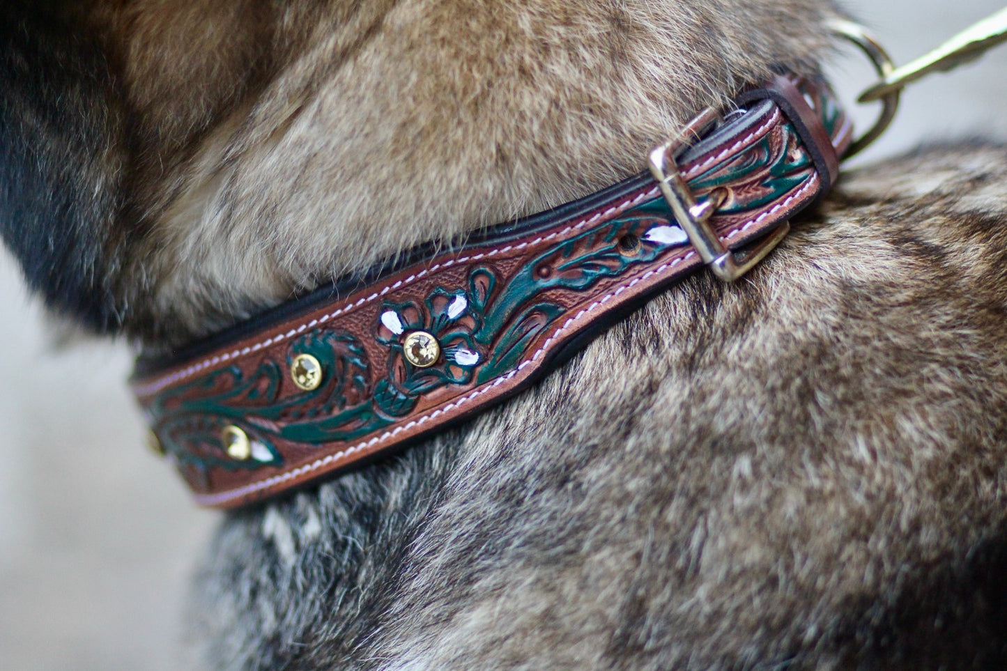 Decorative Hand Tooled Padded Leather Collar and Matching Lead Set