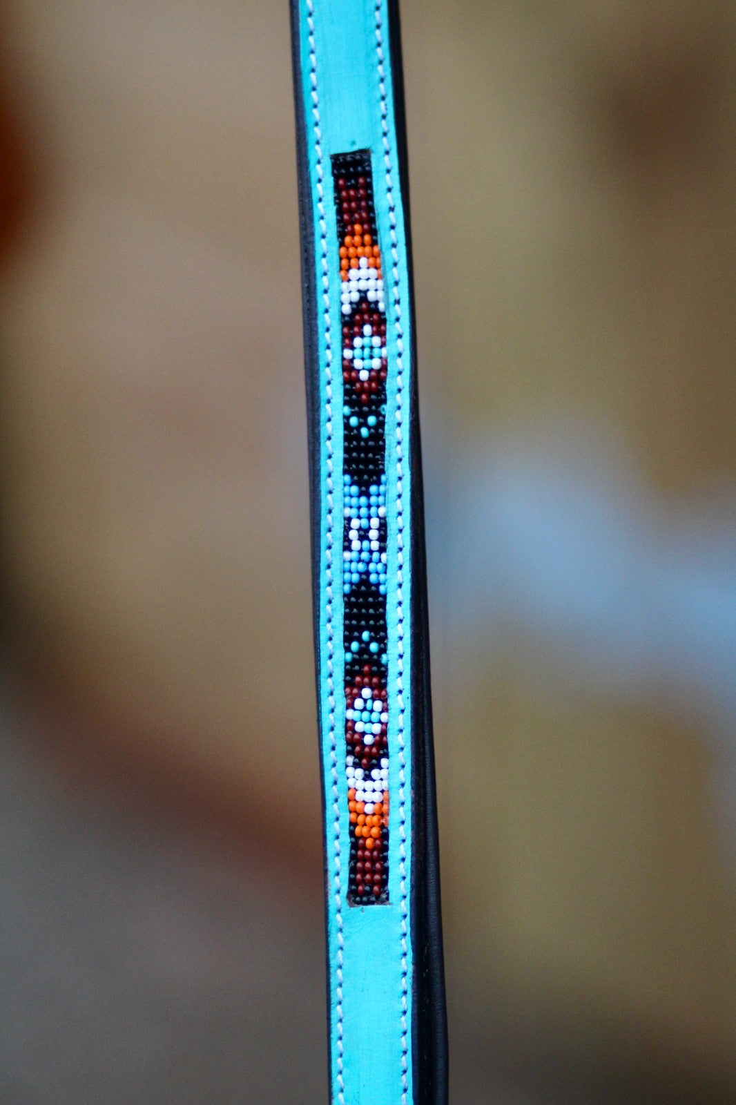 Handmade Padded Turquoise and Brown Leather Beaded Dog Collar with Matching Lead