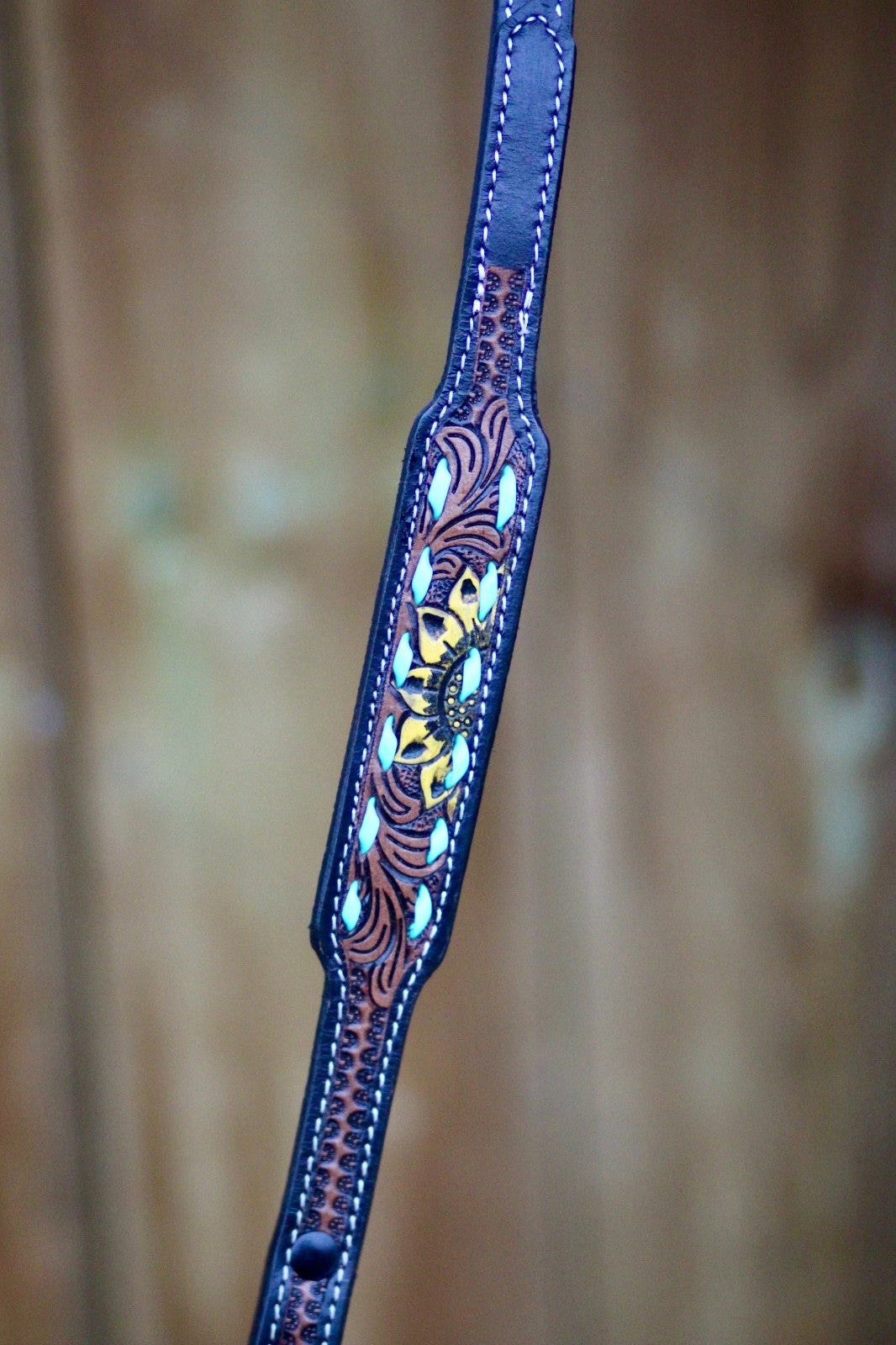 Sunflower Decorated Hand Tooled Padded Leather Dog Collar with Matching Lead