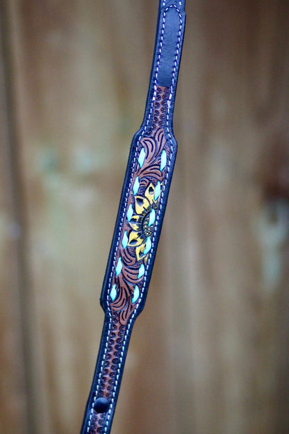 Sunflower Decorated Hand Tooled Padded Leather Dog Collar with Matching Lead